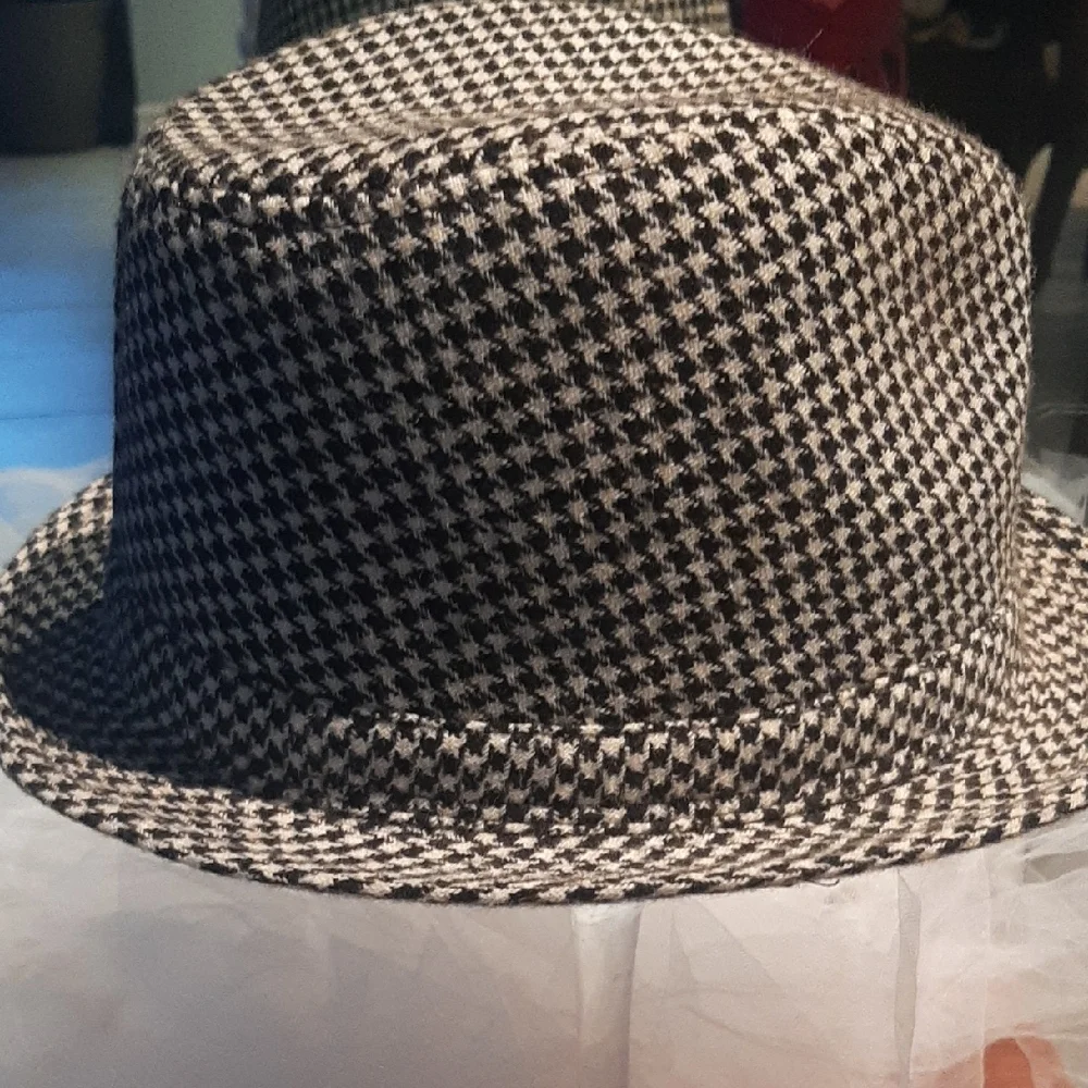 ALTERNATIVE🖤Black and White Houndstooth WOOL FEDORA Hat🤍COOL🦉INSIDE FABRIC - Picture 3 of 11